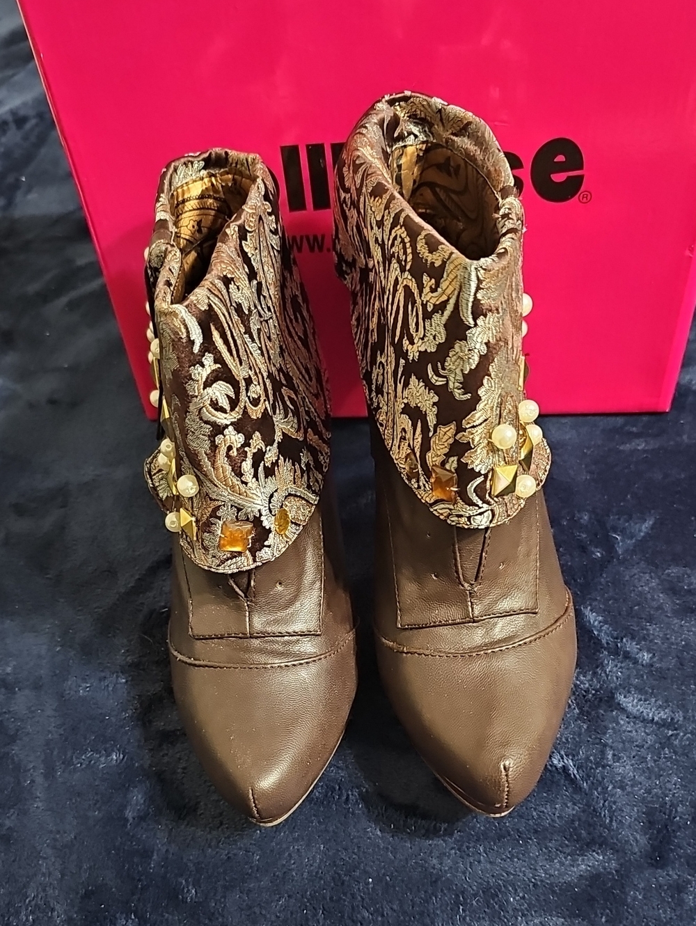 Dollhouse Brown Brocade Cuff Ankle Boots with Gold Stud Accents